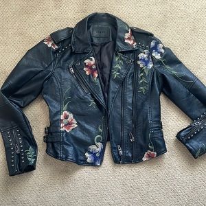 Blank NYC faux leather moto jacket w/flower embroidery